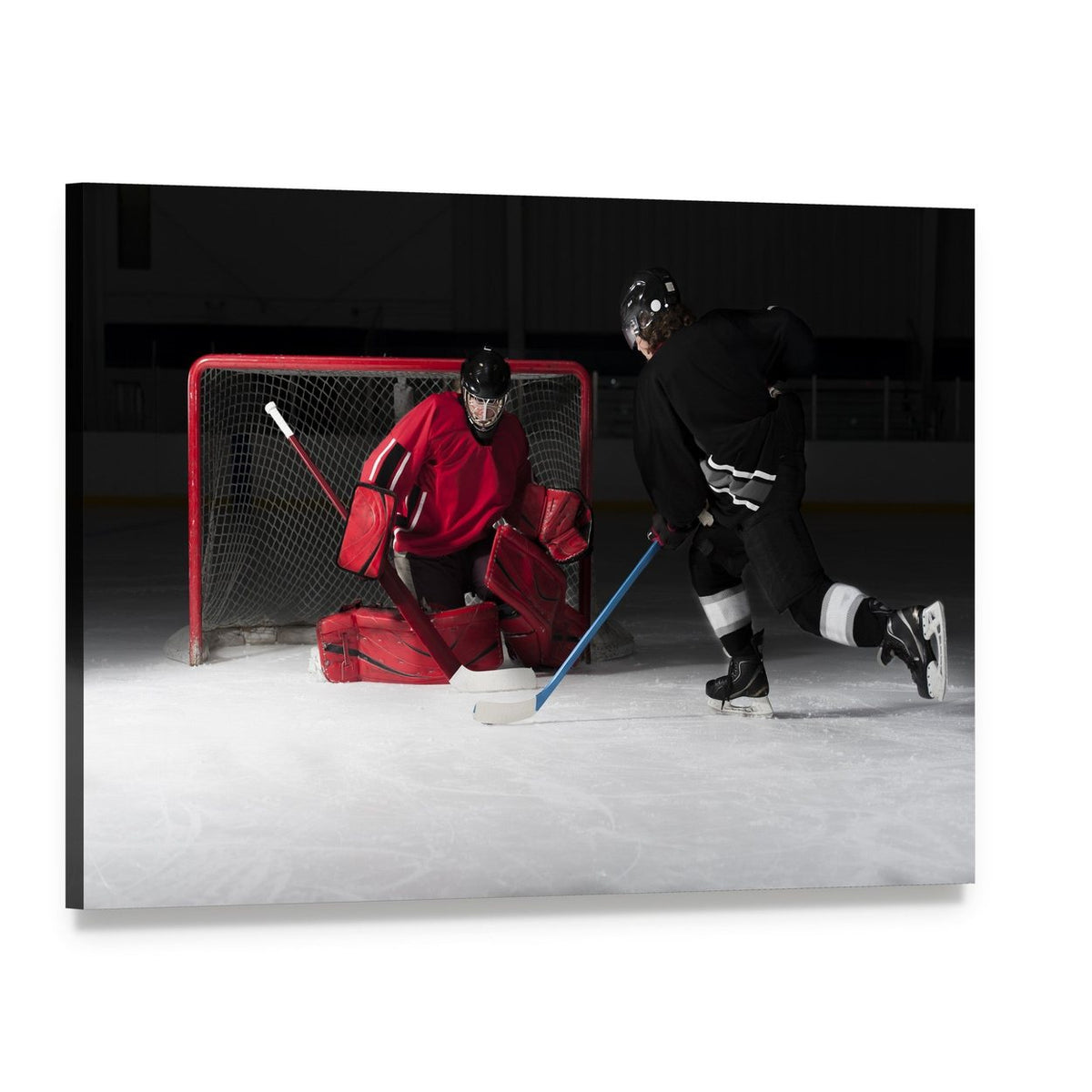 Intense Ice Hockey Goalie in Action Canvas Wall Art, single panel gallery wrapped canvas, angled product view