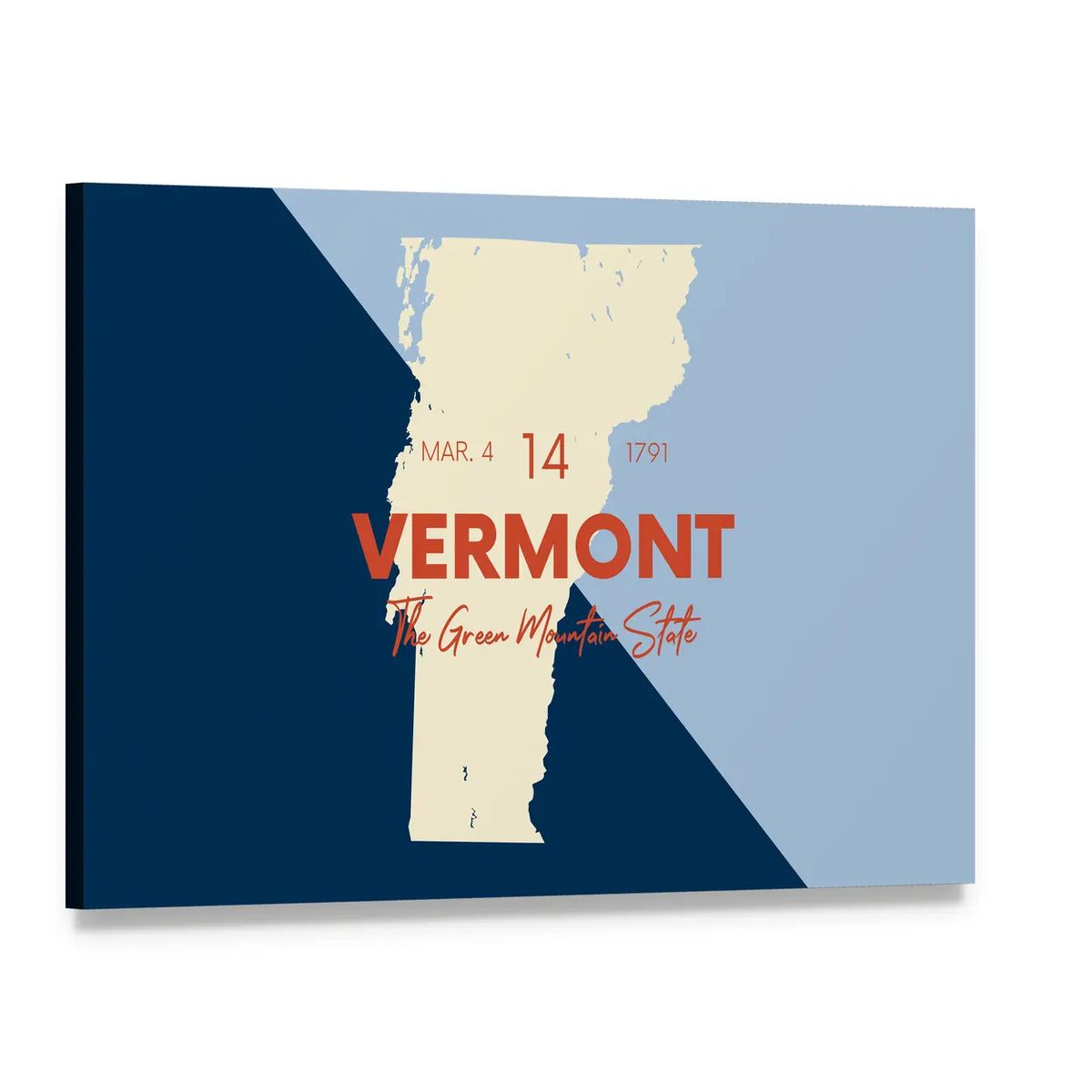 Vermont Map with Statehood Date Canvas Wall Art, single panel gallery wrapped canvas, angled product view