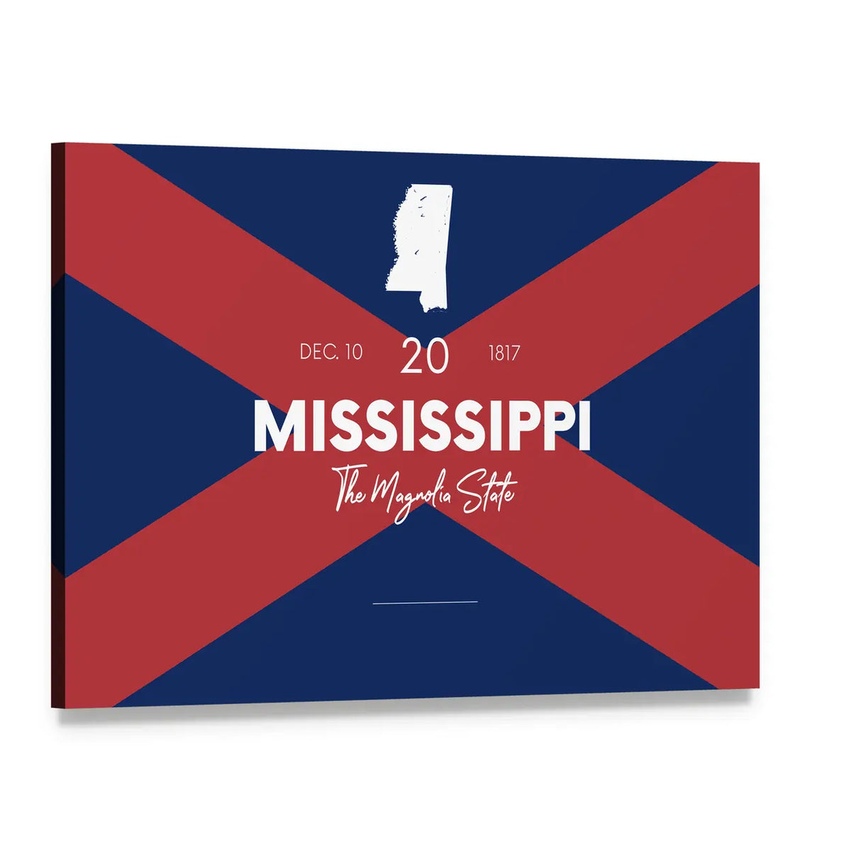 Mississippi State Map with Saltire Background Canvas Wall Art, single panel gallery wrapped canvas, angled product view