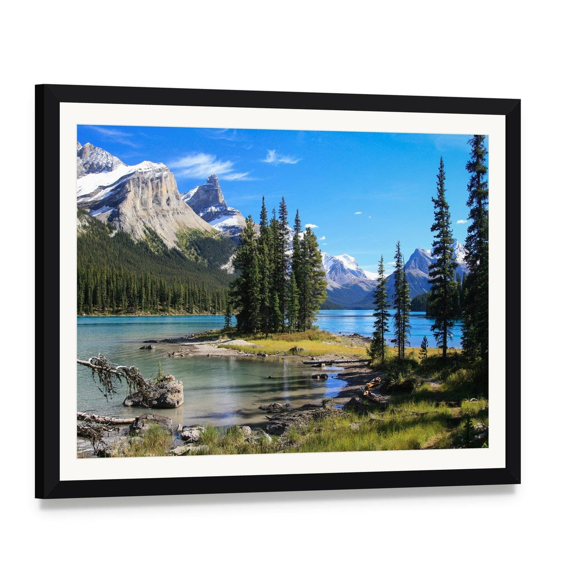 Maligne Lake Landscape Canvas Wall Art, framed print with white mat and black frame, angled product view