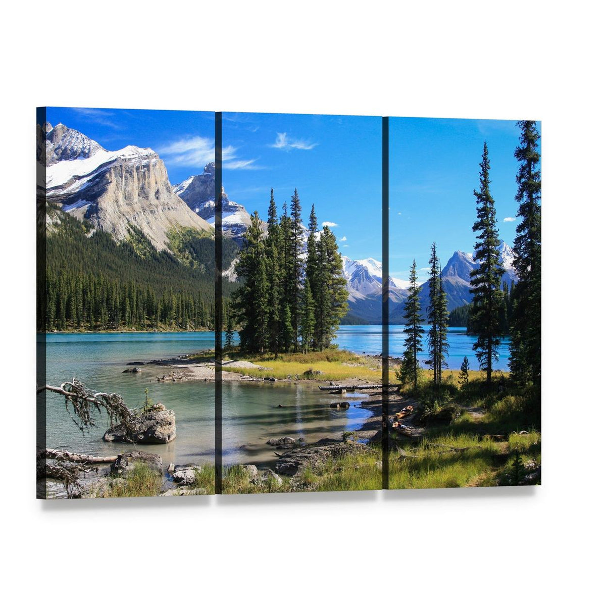 Maligne Lake Landscape Canvas Wall Art, 3 panel 3 Horizontal layout gallery wrapped canvas set, angled product view