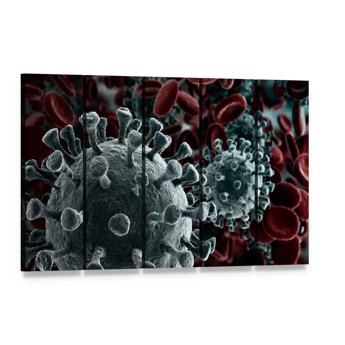 Coronavirus Particles with Red Blood Cells Canvas Wall Art, 5 panel 5 Horizontal layout gallery wrapped canvas set, angled product view