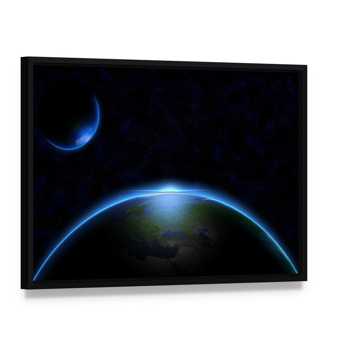 Earth in Space Canvas Wall Art, framed canvas in a black floater frame, angled product view