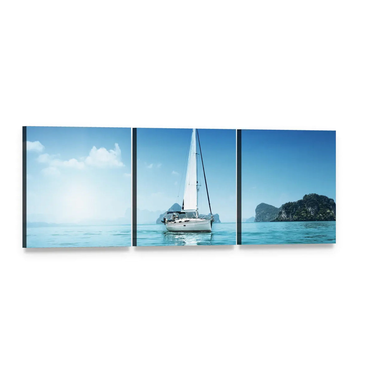 White Sailboat on Blue Ocean Panoramic Canvas Wall Art, 3 panel 3 Piece layout gallery wrapped canvas set, angled product view