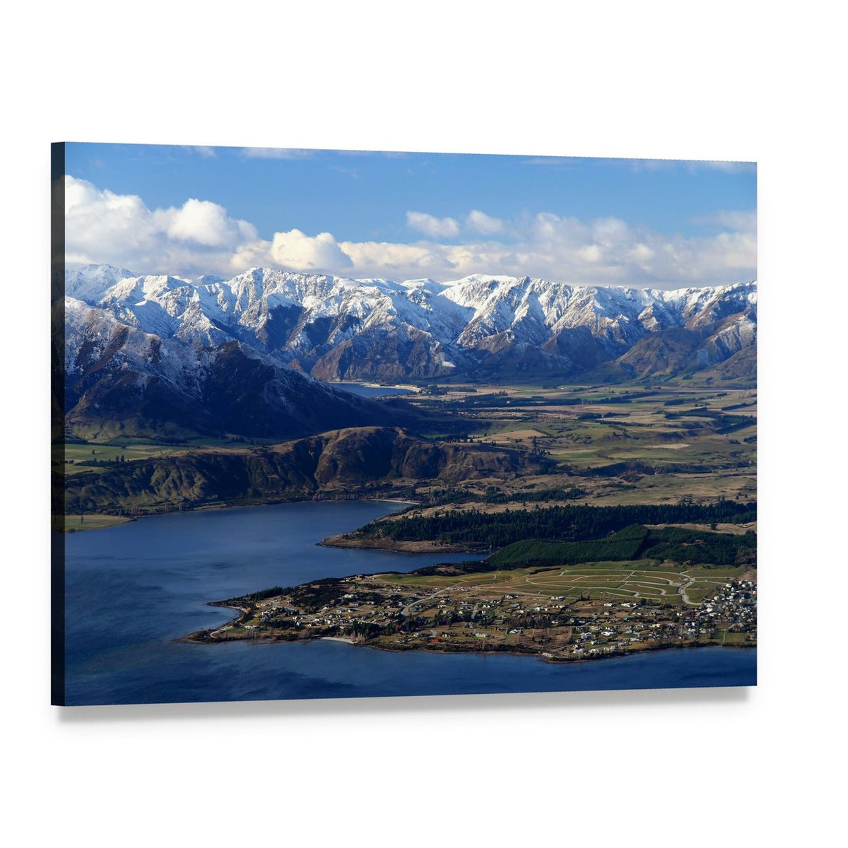 Snow-capped Mountain Over Lakeside Town Canvas Wall Art, single panel gallery wrapped canvas, angled product view