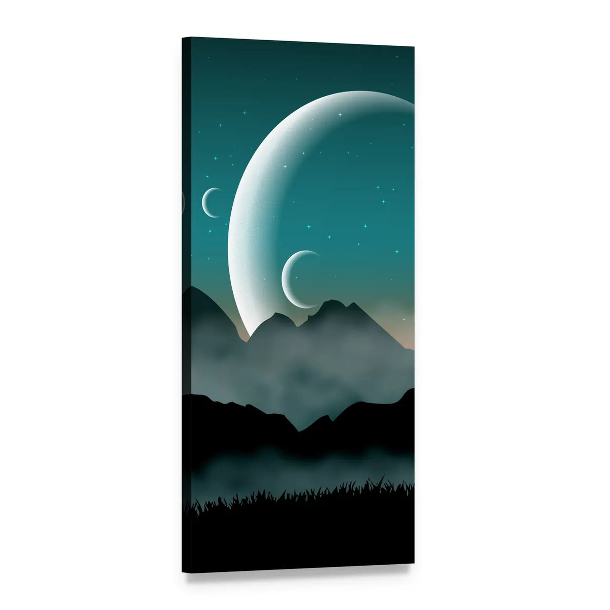 Three Crescent Moons Over Teal Night Sky Vertical Canvas Wall Art, 1 panel 1 Vertical layout gallery wrapped canvas set, angled product view