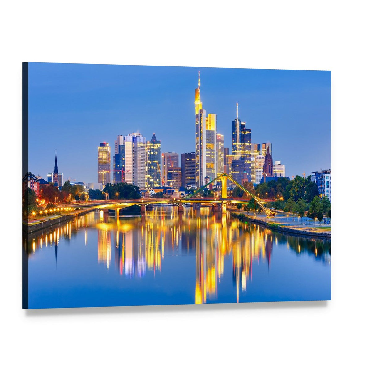 Dusk City Skyline with River Reflections Canvas Wall Art, single panel gallery wrapped canvas, angled product view