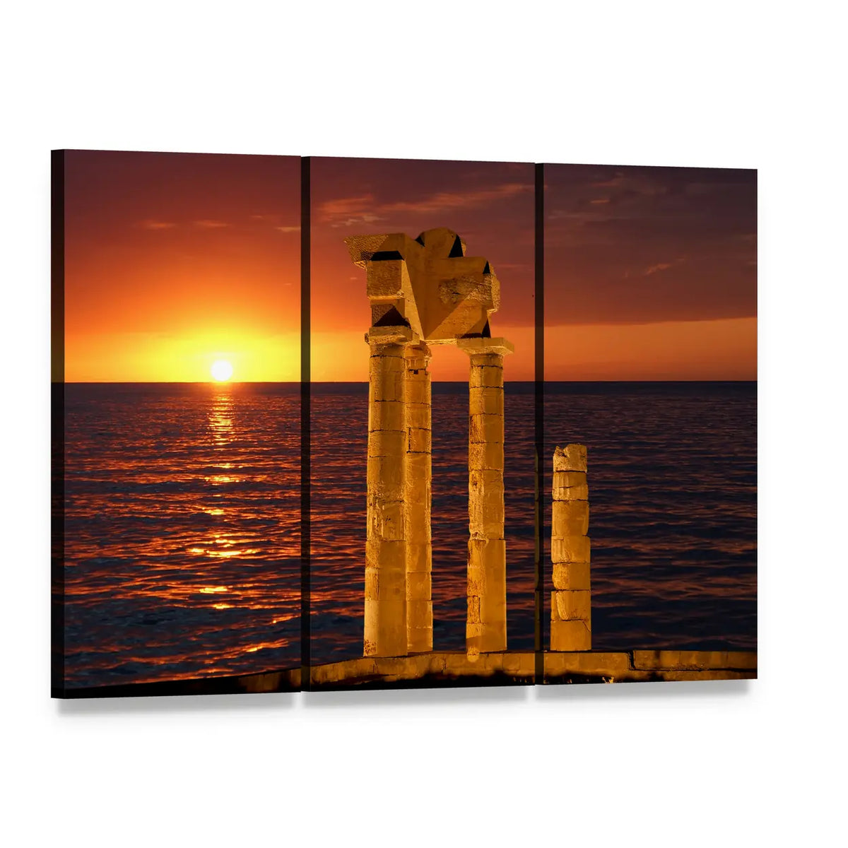 Apollo Temple in Greece at Sunset Canvas Wall Art, 3 panel 3 Horizontal layout gallery wrapped canvas set, angled product view