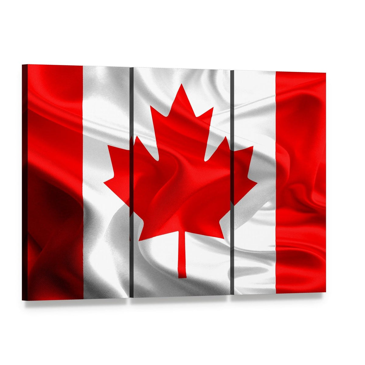 Waving Canadian Flag Canvas Wall Art, 3 panel 3 Horizontal layout gallery wrapped canvas set, angled product view