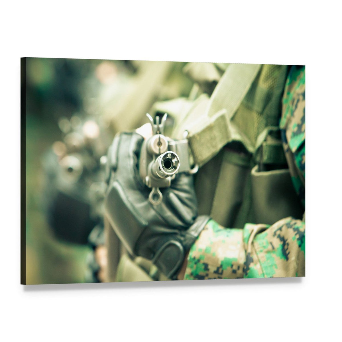 Young Soldiers with Guns Canvas Wall Art, single panel gallery wrapped canvas, angled product view