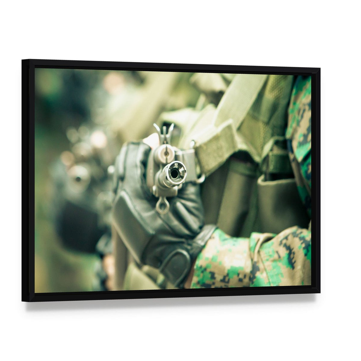 Young Soldiers with Guns Canvas Wall Art, framed canvas in a black floater frame, angled product view