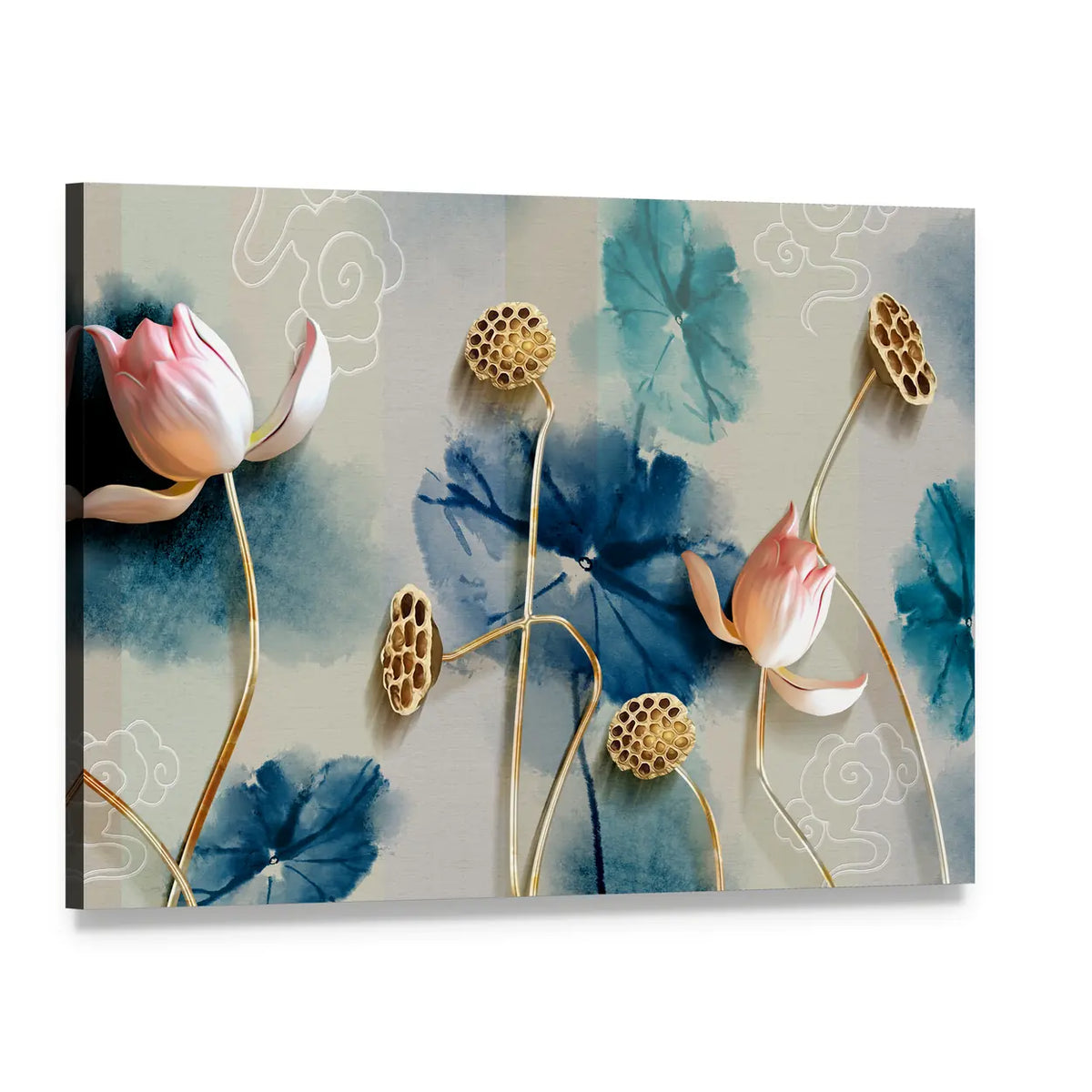 Lotus Garden Illustration with Gold Accents Canvas Wall Art, single panel gallery wrapped canvas, angled product view