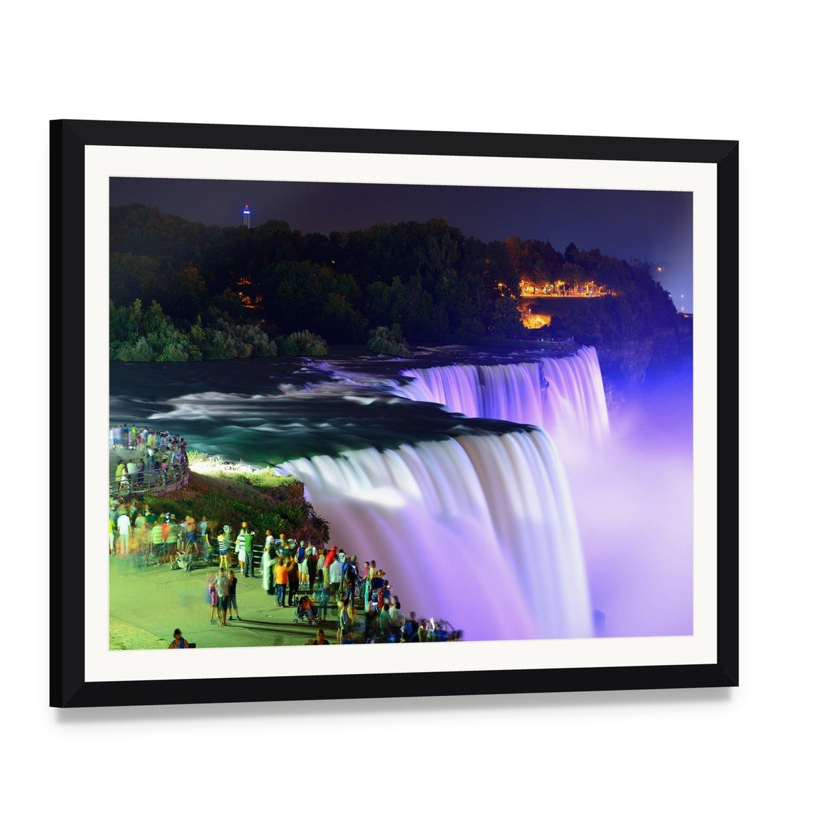 Lights on Niagara Falls Canvas Wall Art, framed print with white mat and black frame, angled product view