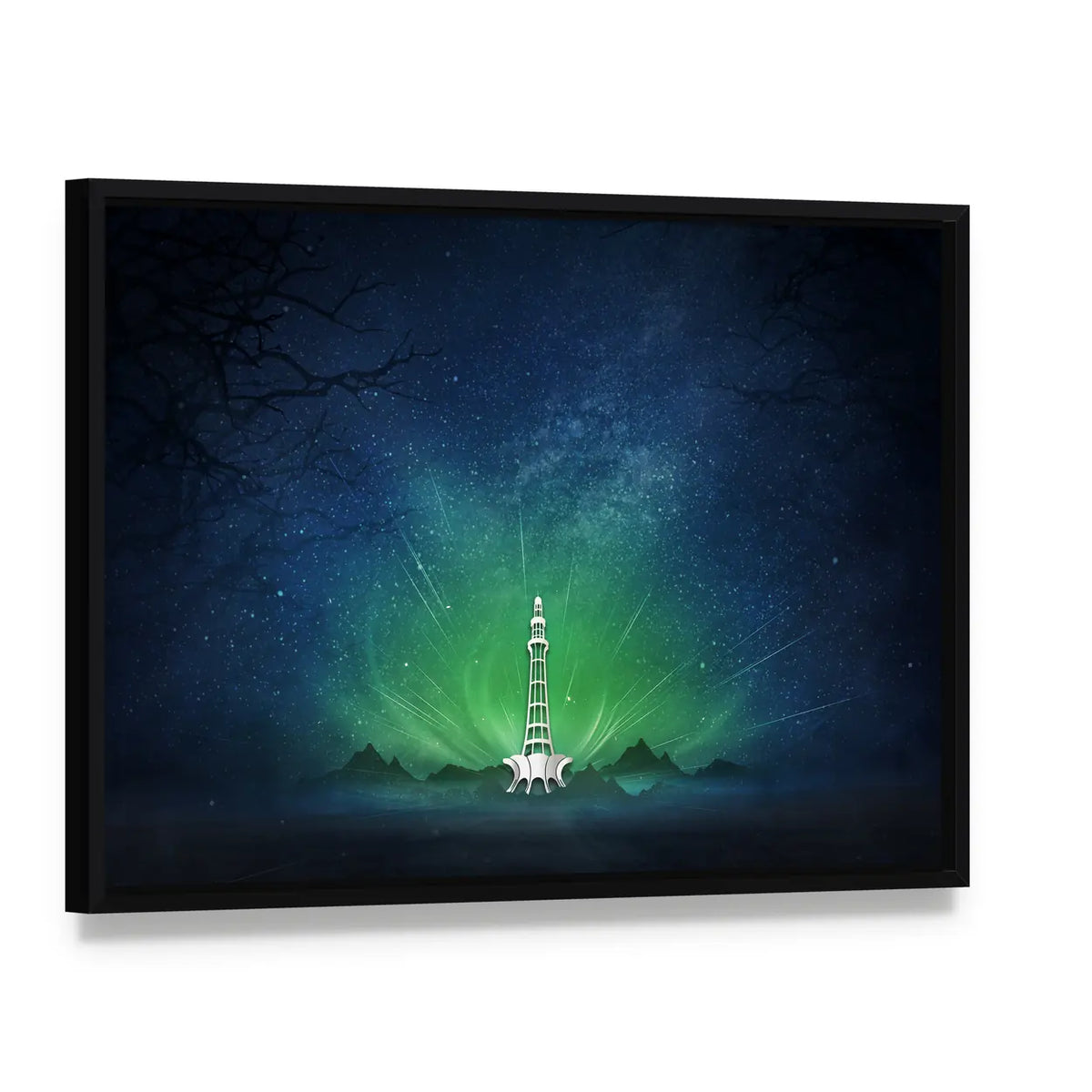 Minar-e-pakistan Aurora Nightscape Canvas Wall Art, framed canvas in a black floater frame, angled product view