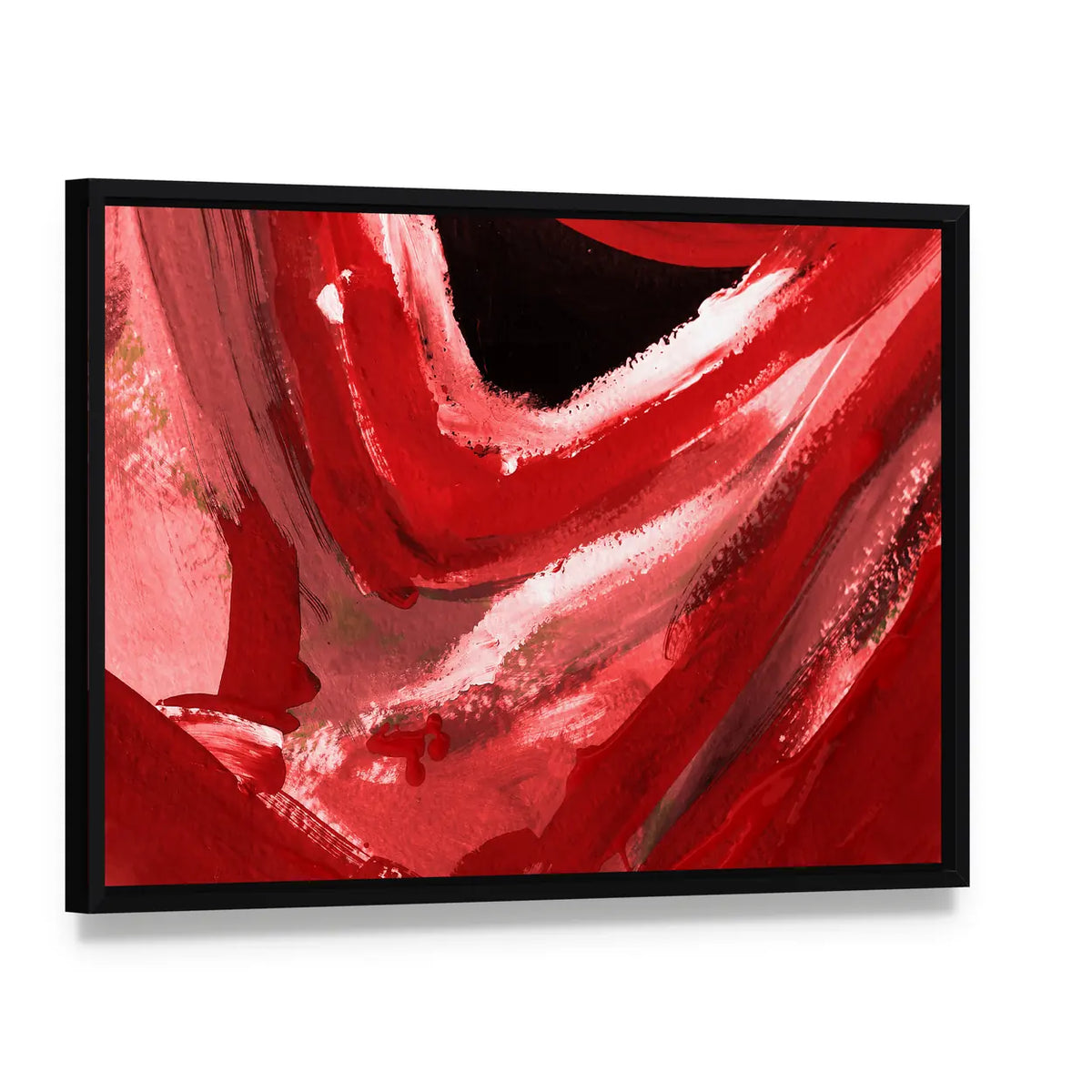 Red and Pink Abstract Brushstrokes Canvas Wall Art, framed canvas in a black floater frame, angled product view