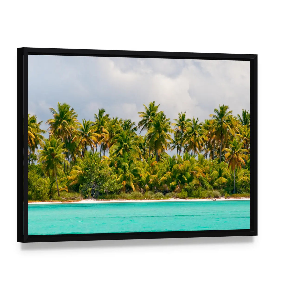 Tropical Palm Trees Island Canvas Wall Art, framed canvas in a black floater frame, angled product view