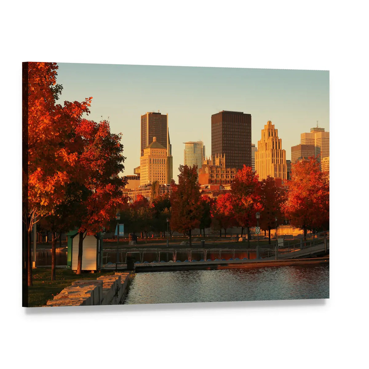 Autumn Riverfront Cityscape with Skyscrapers Canvas Wall Art, single panel gallery wrapped canvas, angled product view