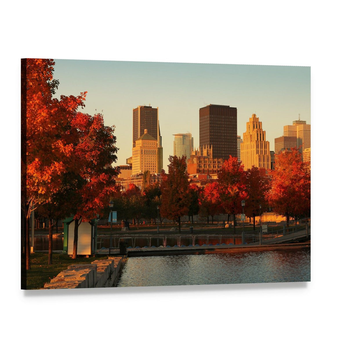 Autumn Waterfront City Skyline Canvas Wall Art, single panel gallery wrapped canvas, angled product view