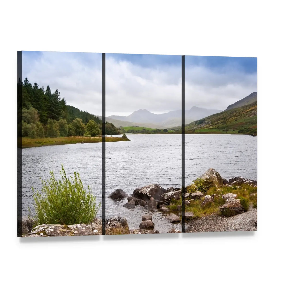 View Along Llyyn Mymbyr Canvas Wall Art, 3 panel 3 Horizontal layout gallery wrapped canvas set, angled product view