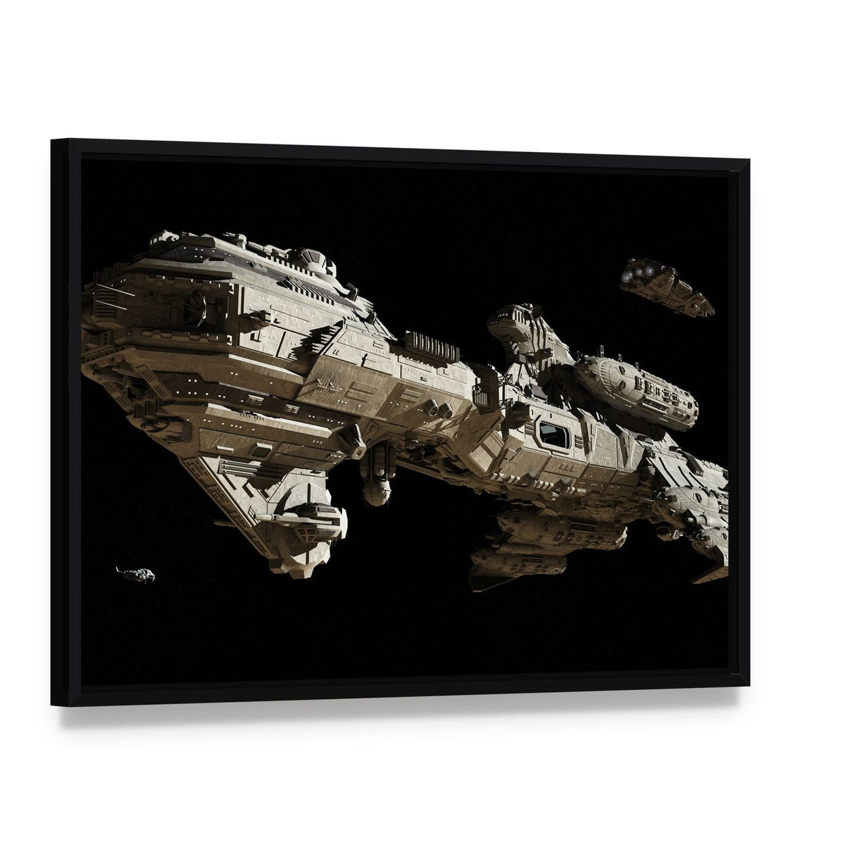 Futuristic Escort Frigate Canvas Wall Art, framed canvas in a black floater frame, angled product view