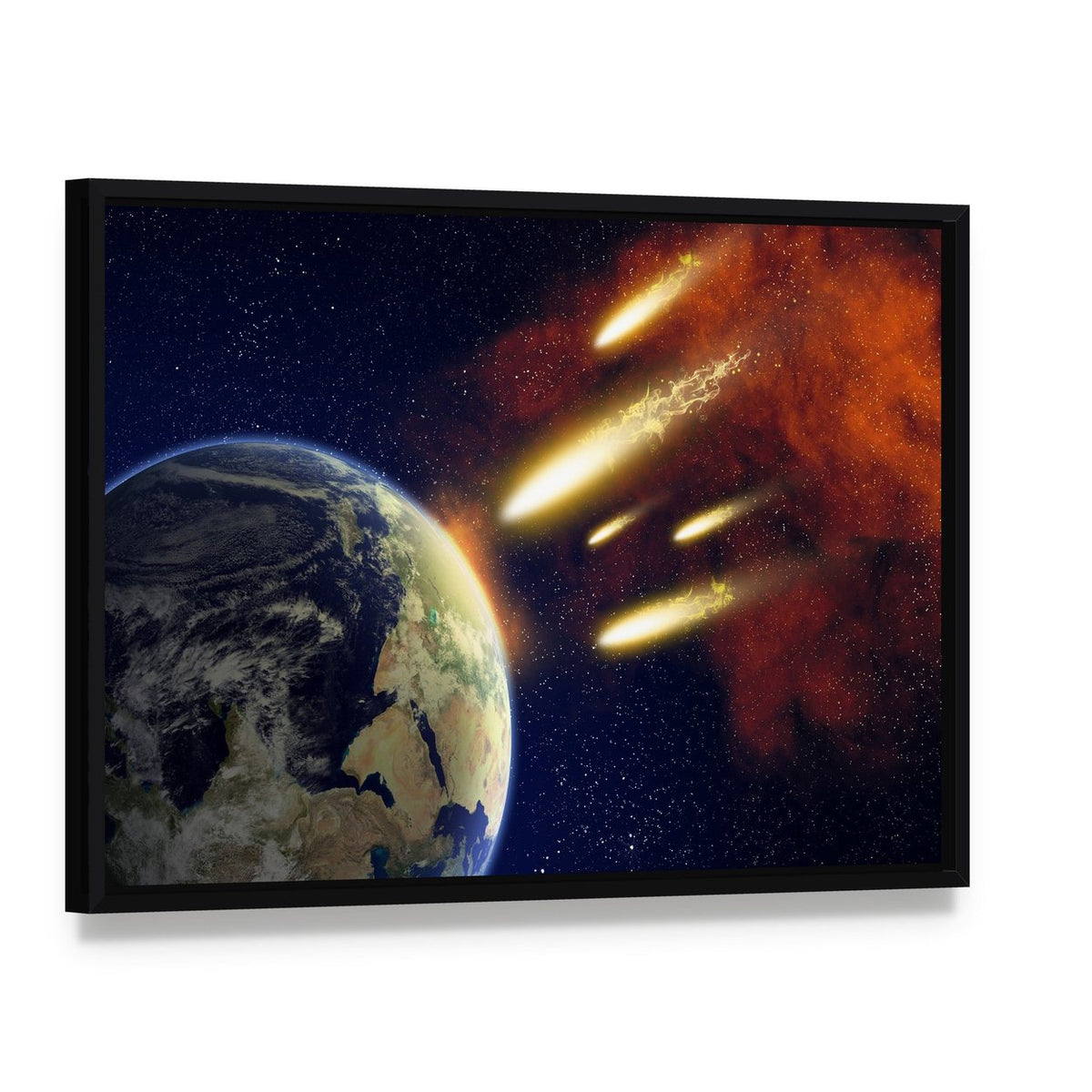 Earth and Flying Asteroids Canvas Wall Art, framed canvas in a black floater frame, angled product view