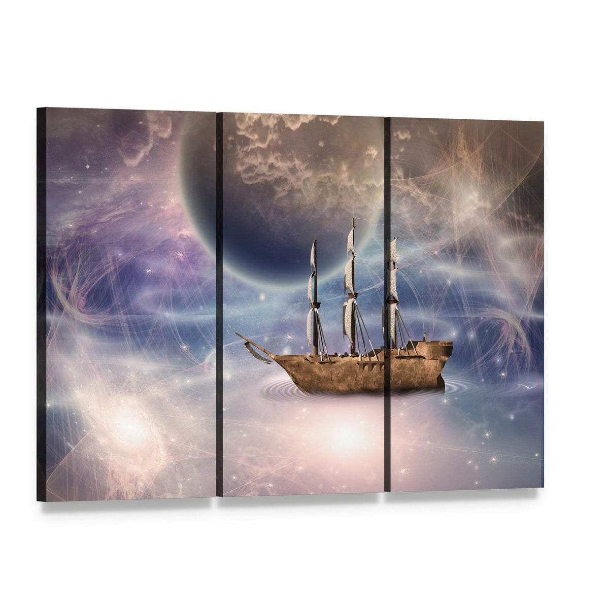 Vintage Sailing Ship in Cosmic Sea Canvas Wall Art, 3 panel 3 Horizontal layout gallery wrapped canvas set, angled product view