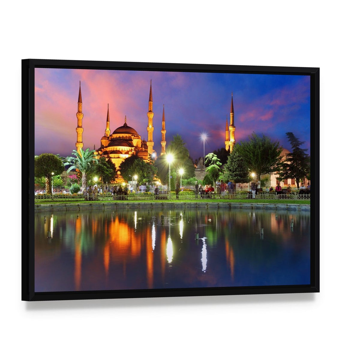 Blue Mosque at Night Canvas Wall Art, framed canvas in a black floater frame, angled product view