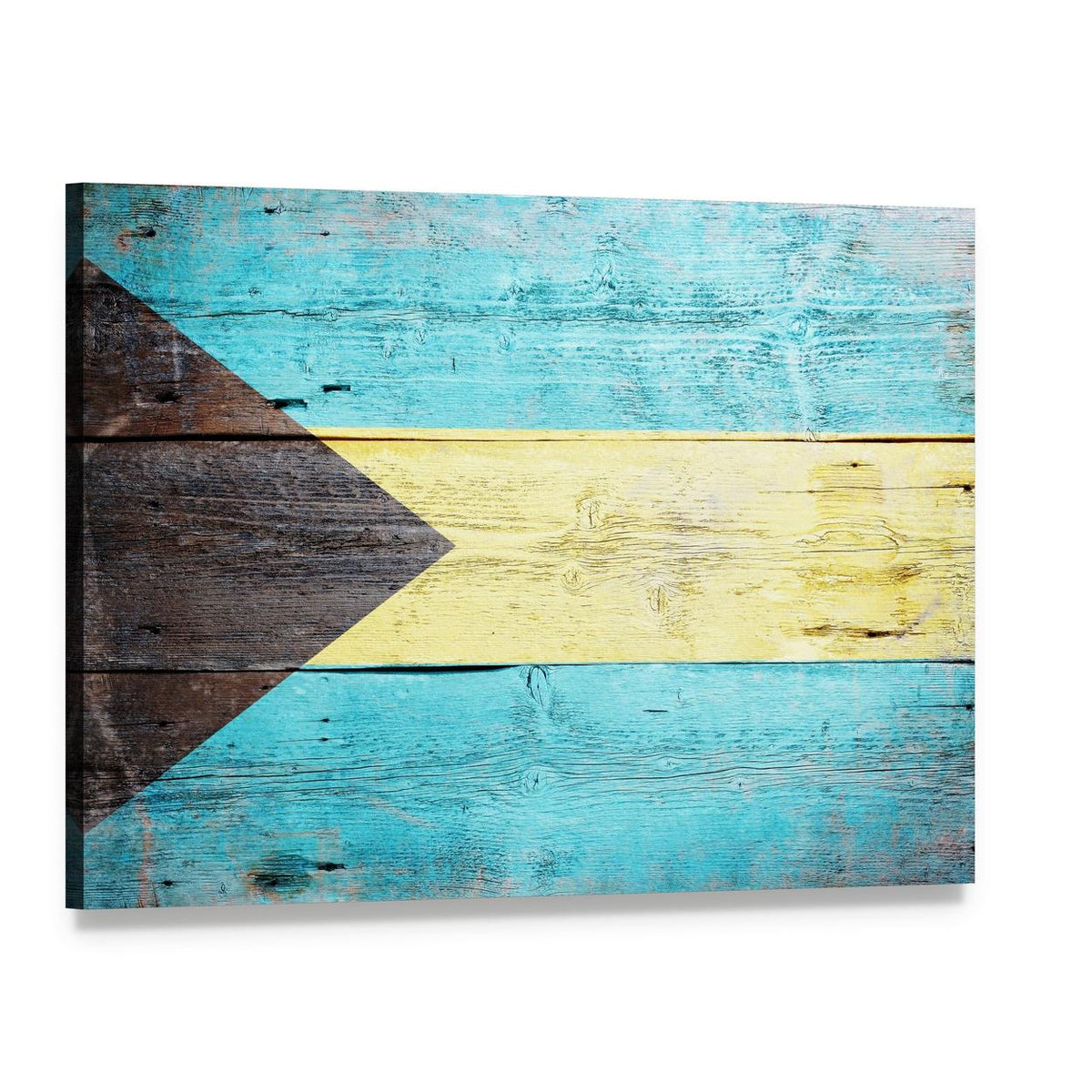 Bahamas Flag on Weathered Wood Canvas Wall Art, single panel gallery wrapped canvas, angled product view