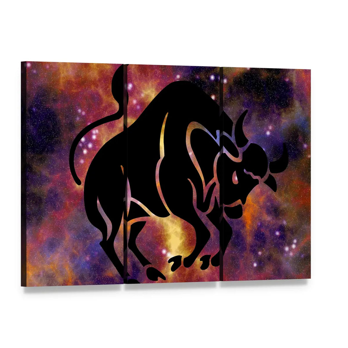 Taurus Bull in Nebula Canvas Wall Art, 3 panel 3 Horizontal layout gallery wrapped canvas set, angled product view