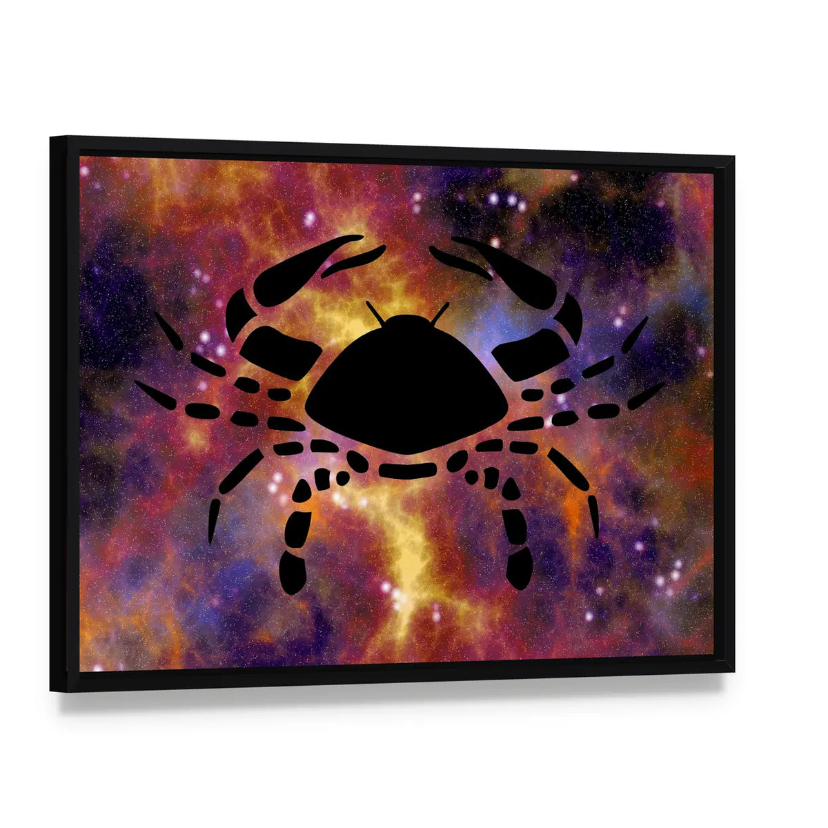 Cancer Zodiac Crab Silhouette Nebula Canvas Wall Art, framed canvas in a black floater frame, angled product view