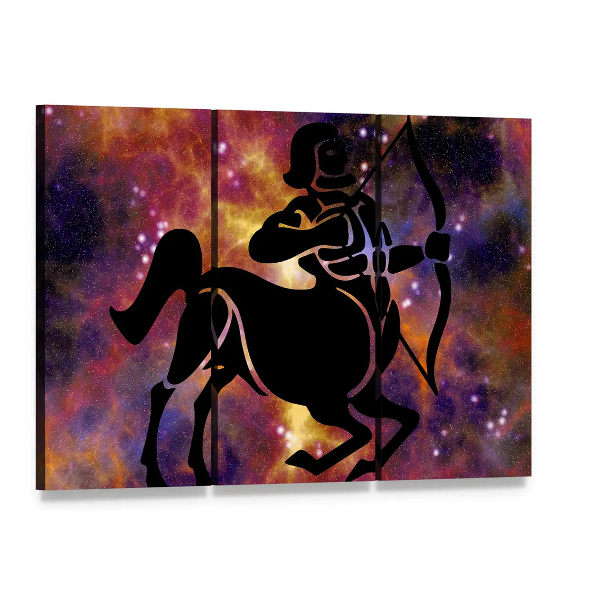 Sagittarius Centaur Nebula Silhouette Canvas Wall Art, 3 panel 3 Horizontal layout gallery wrapped canvas set, angled product view