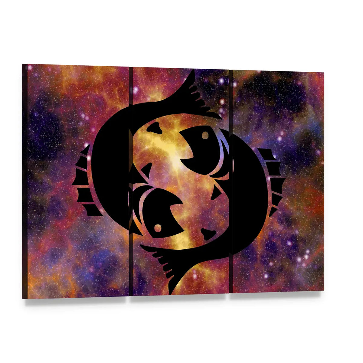 Pisces Yin Yang Fish Nebula Canvas Wall Art, 3 panel 3 Horizontal layout gallery wrapped canvas set, angled product view
