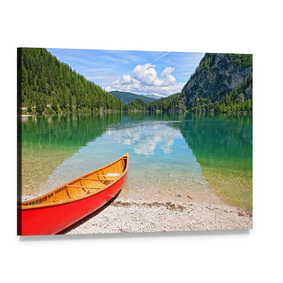 Red Canoe on Mountain Lake Canvas Wall Art, single panel gallery wrapped canvas, angled product view