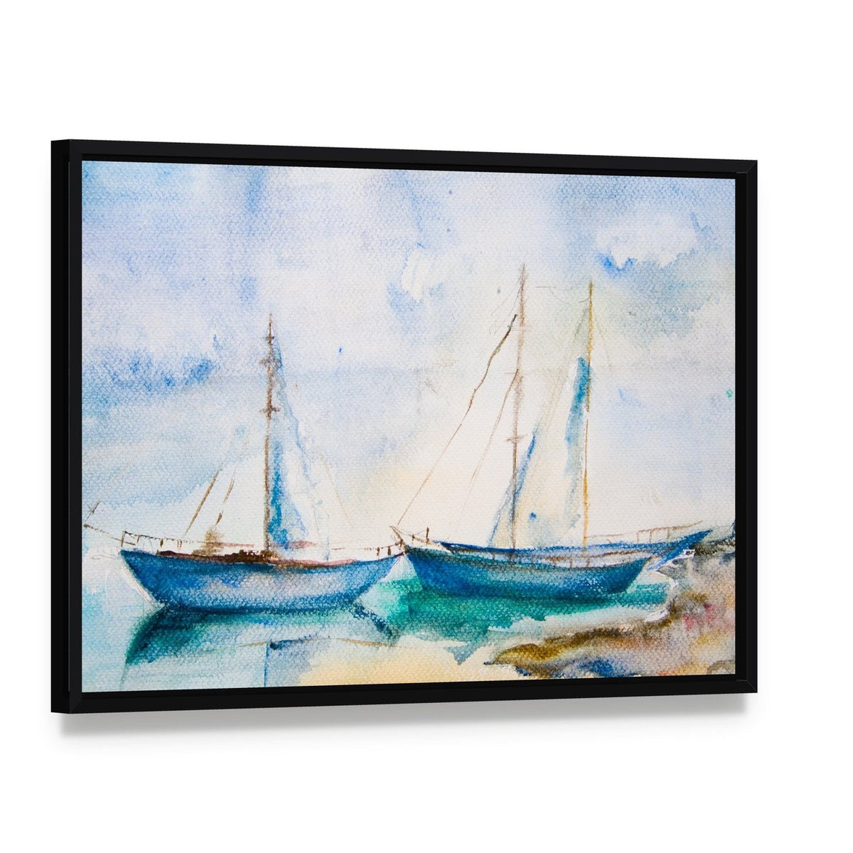 Ships in the Sea Canvas Wall Art, framed canvas in a black floater frame, angled product view