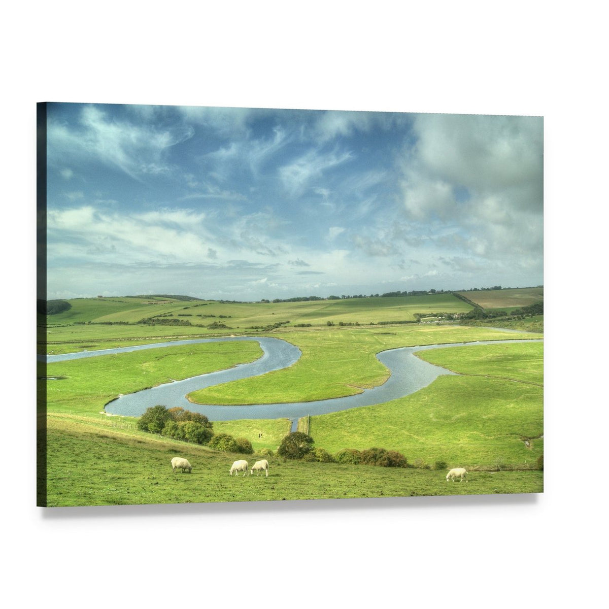 River Cuckmere with Sheep Canvas Wall Art, single panel gallery wrapped canvas, angled product view