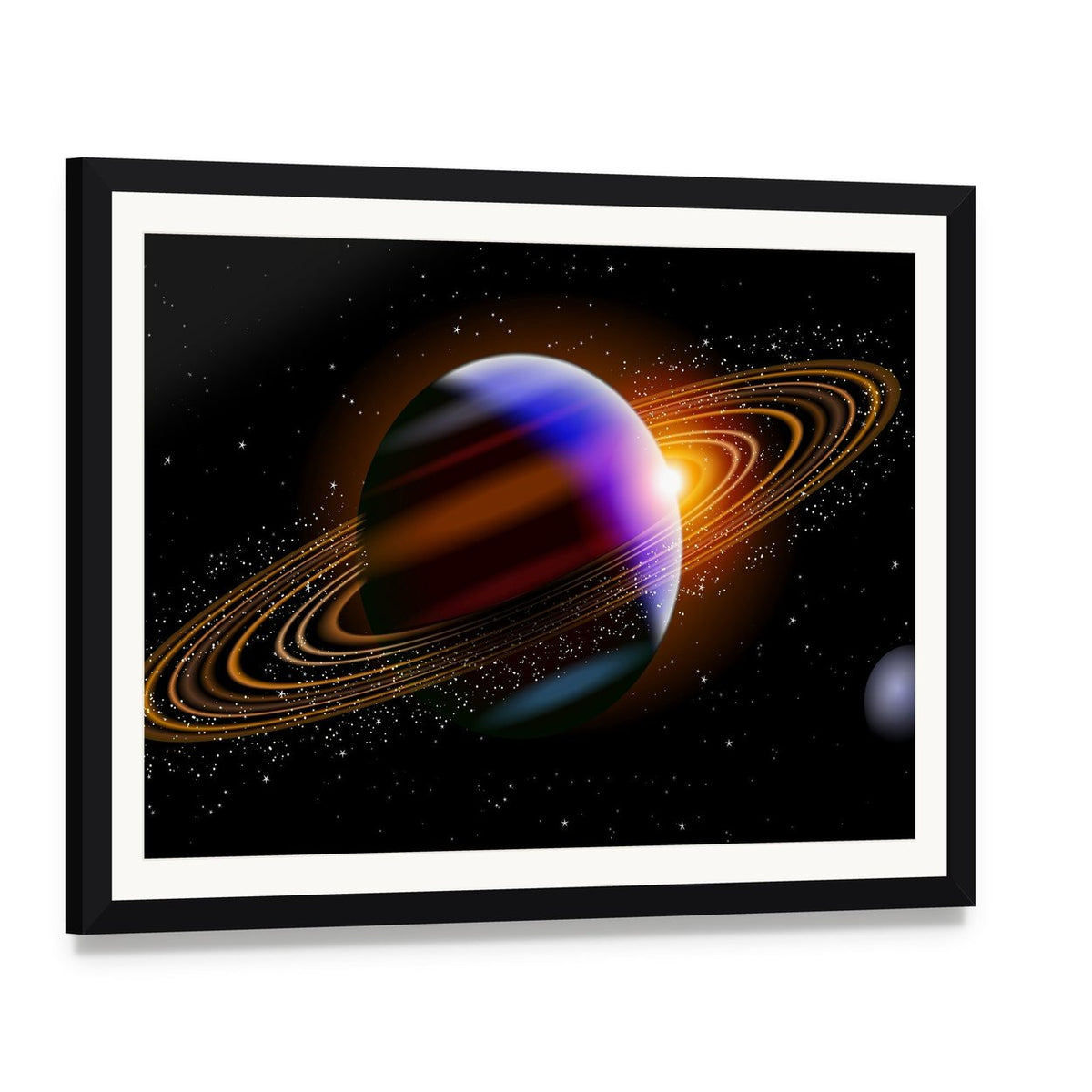 Planet with Colorful Bands and Glowing Rings Canvas Wall Art, framed print with white mat and black frame, angled product view