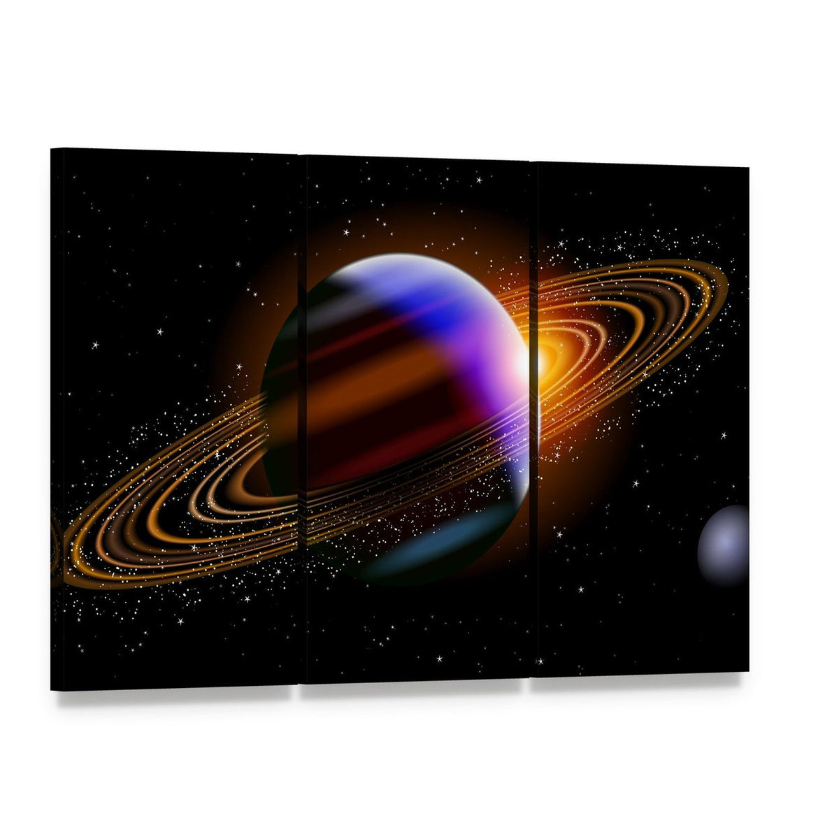 Planet with Colorful Bands and Glowing Rings Canvas Wall Art, 3 panel 3 Horizontal layout gallery wrapped canvas set, angled product view