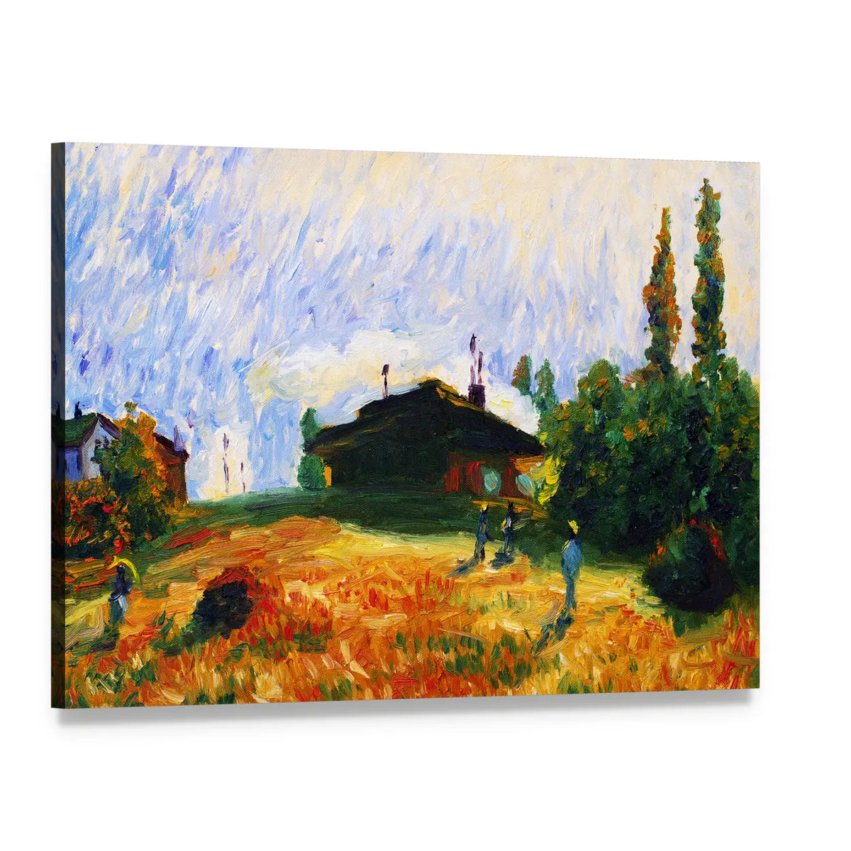 Pastoral Cottage in Golden Wheat Field Canvas Wall Art, single panel gallery wrapped canvas, angled product view