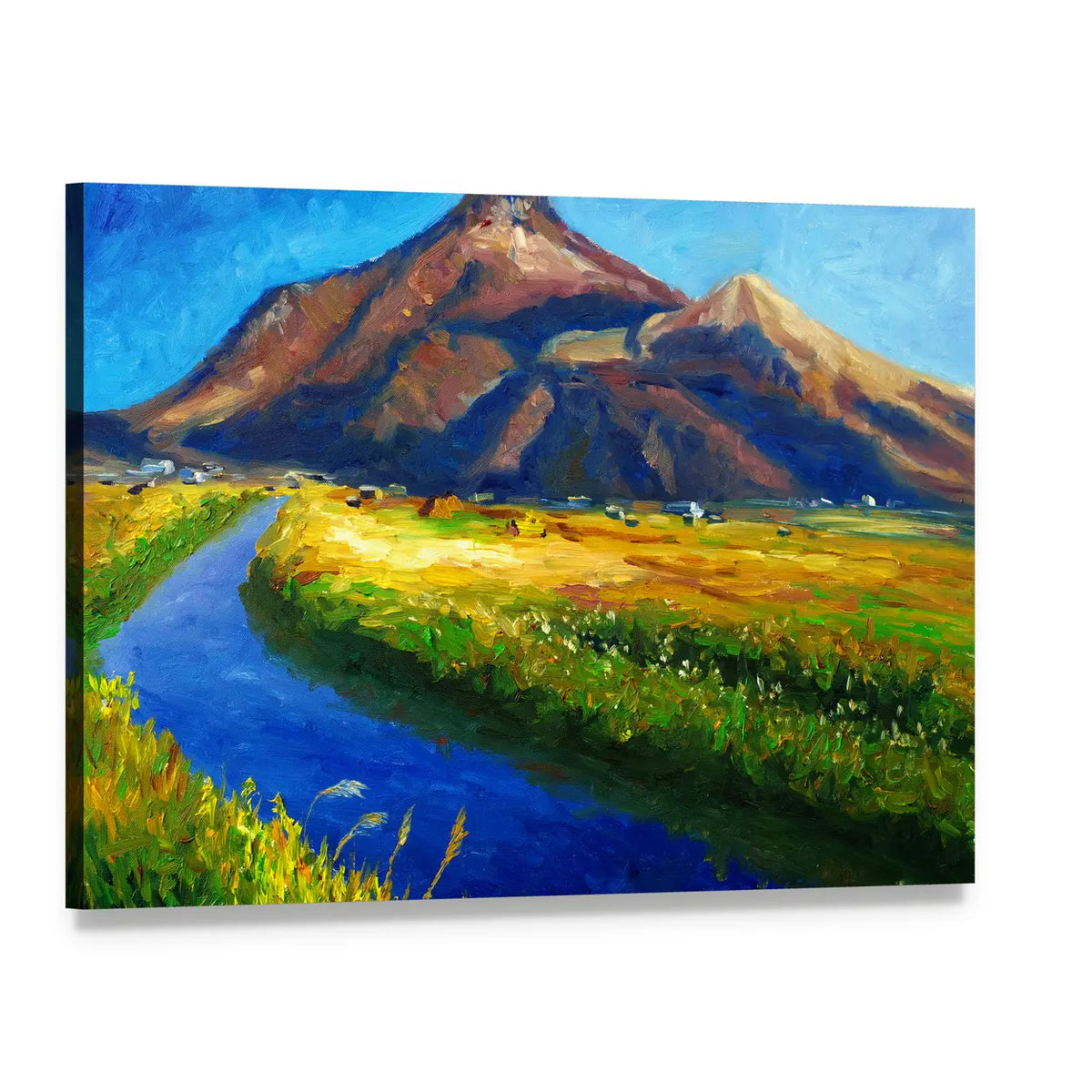 Jagged Mountain with Winding River Canvas Wall Art, single panel gallery wrapped canvas, angled product view