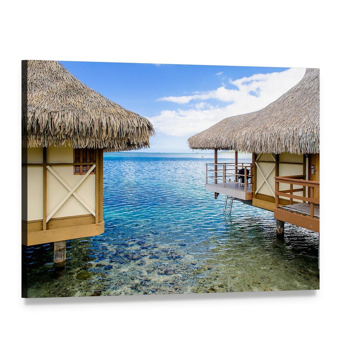 Overwater Bungalows in Tropical Paradise Canvas Wall Art, single panel gallery wrapped canvas, angled product view