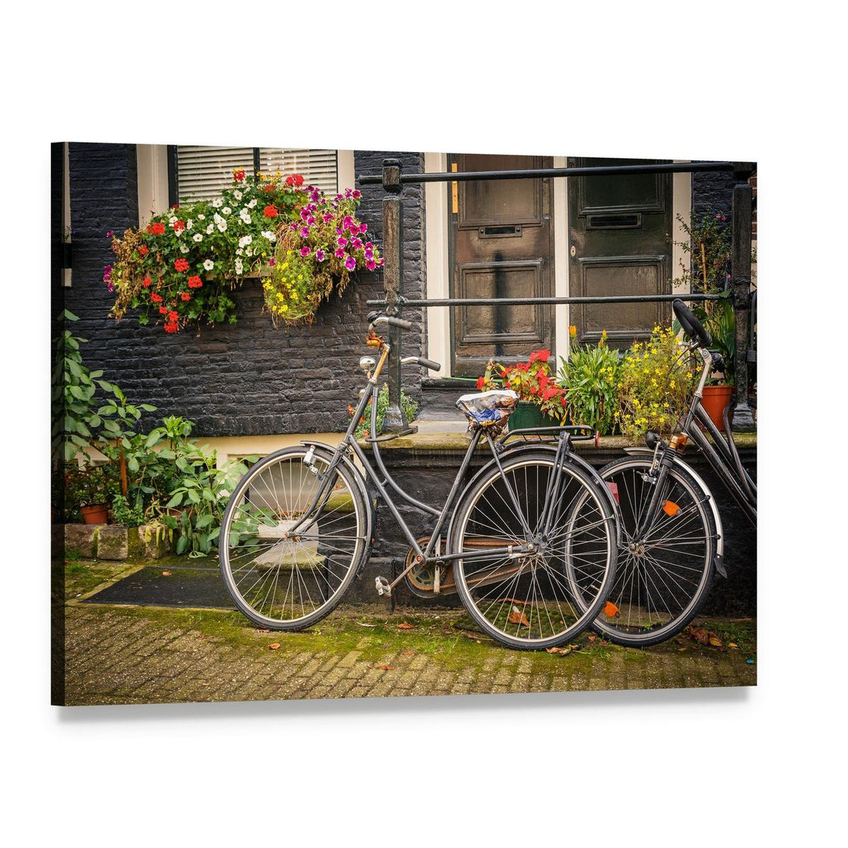 Charming Retro Bicycles in Amsterdam Canvas Wall Art, single panel gallery wrapped canvas, angled product view