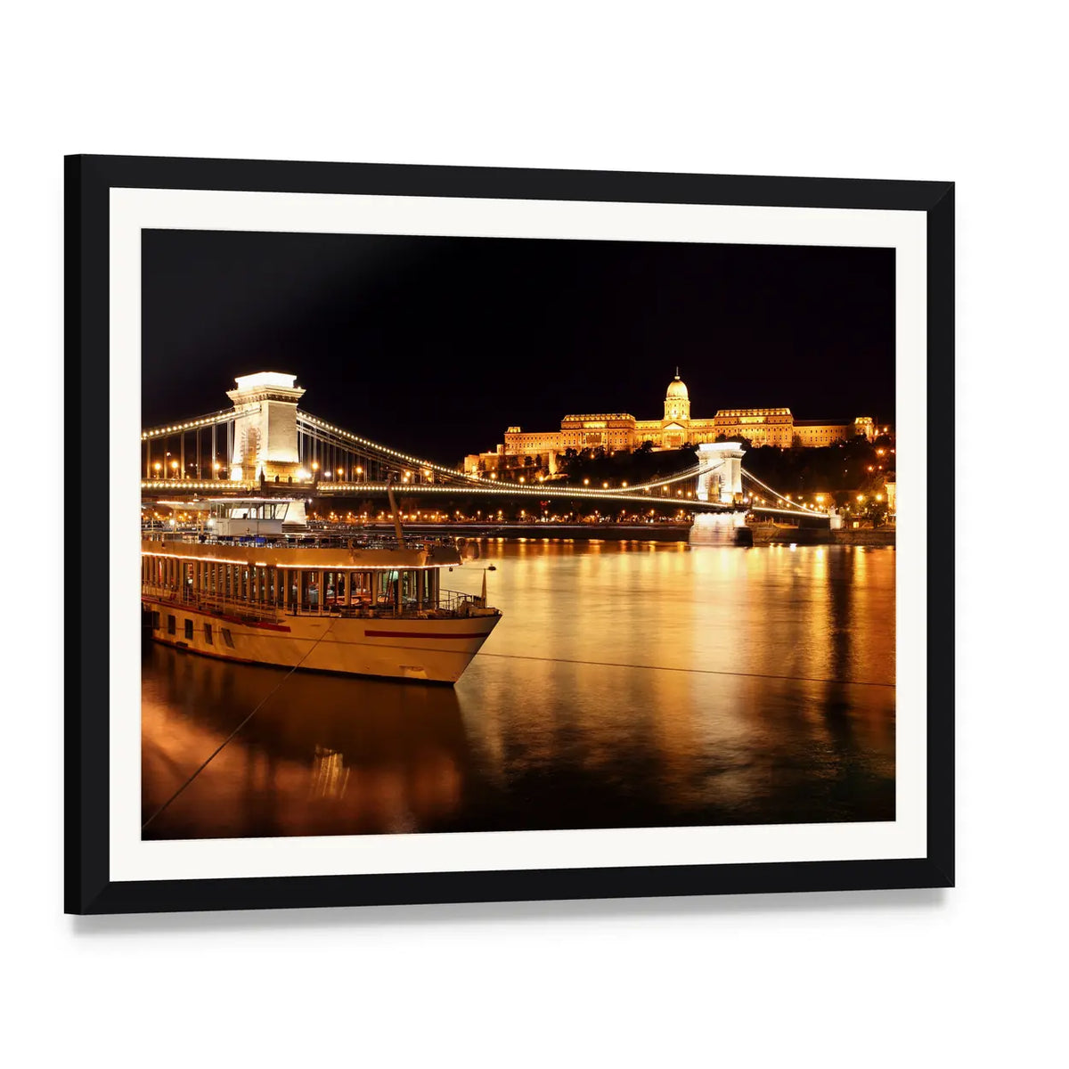 Budapest Chain Bridge at Night Canvas Wall Art, framed print with white mat and black frame, angled product view