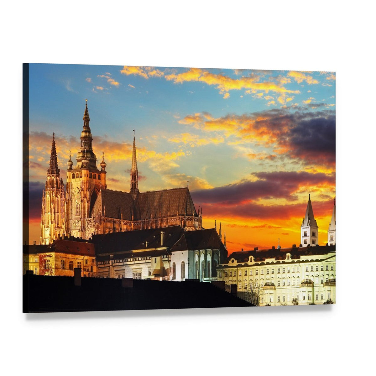 Prague Castle at Sunset Canvas Wall Art, single panel gallery wrapped canvas, angled product view