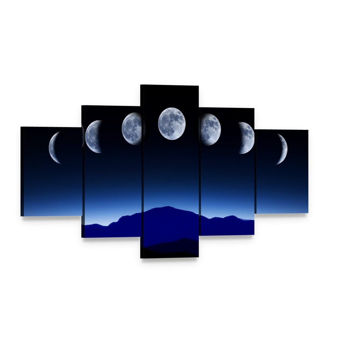 Moon Lunar Cycle Canvas Wall Art, 5 panel 5 Star layout gallery wrapped canvas set, angled product view