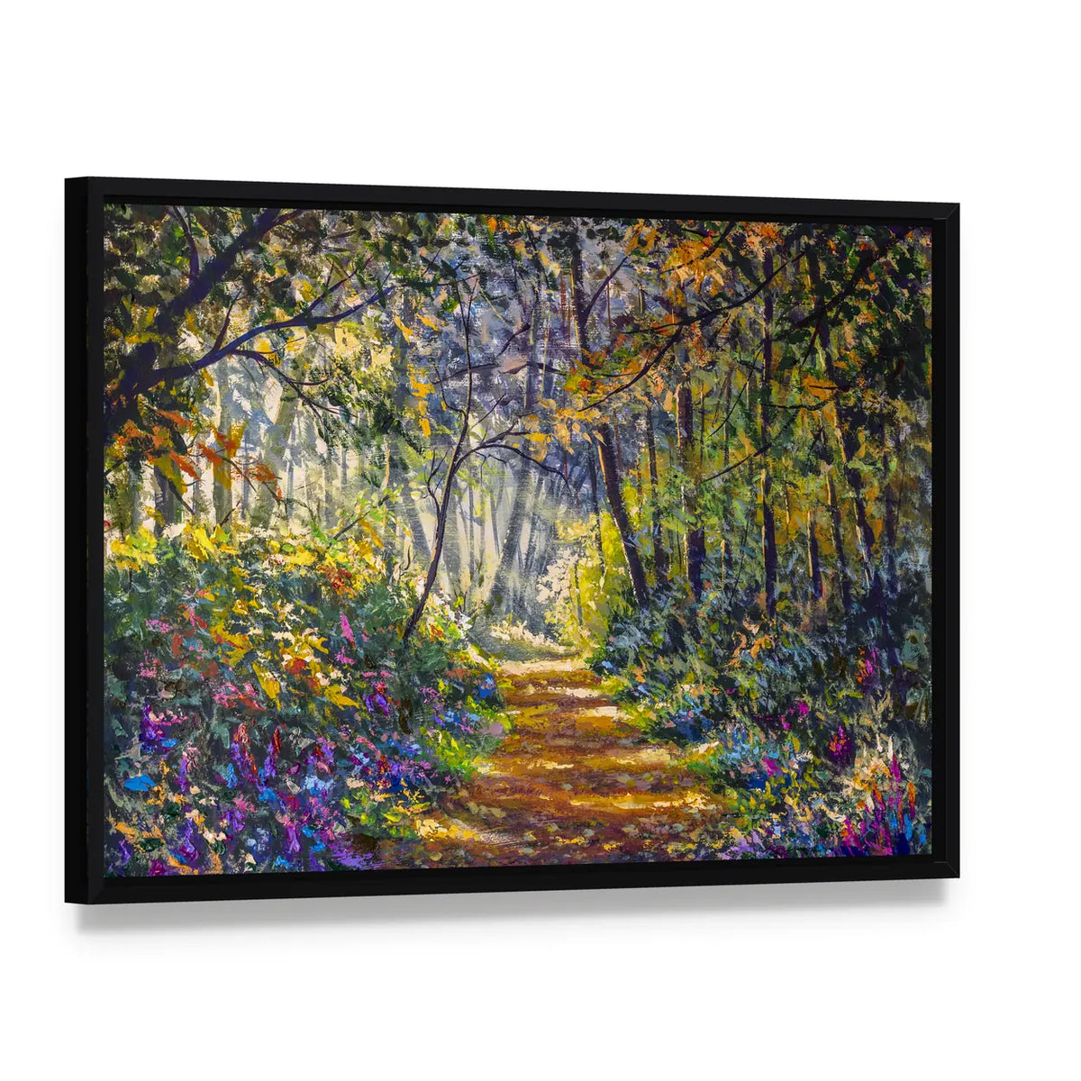 Sunlit Forest Path with Wildflowers Canvas Wall Art, framed canvas in a black floater frame, angled product view