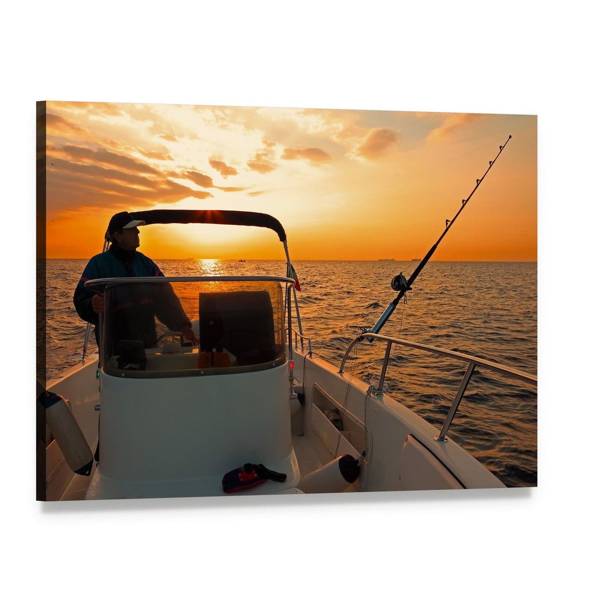 Fisherman with Boat in Ocean Canvas Wall Art, single panel gallery wrapped canvas, angled product view