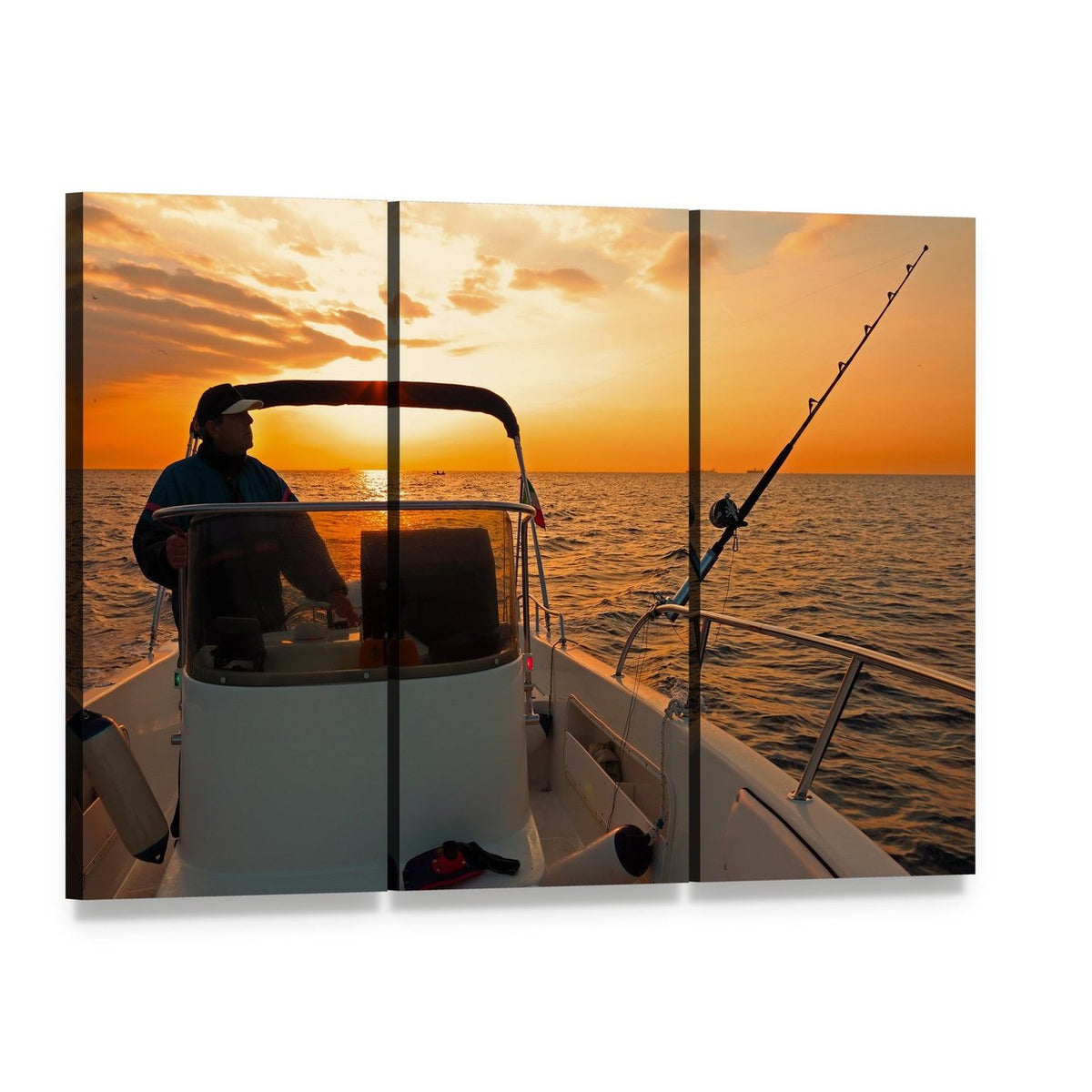 Fisherman with Boat in Ocean Canvas Wall Art, 3 panel 3 Horizontal layout gallery wrapped canvas set, angled product view