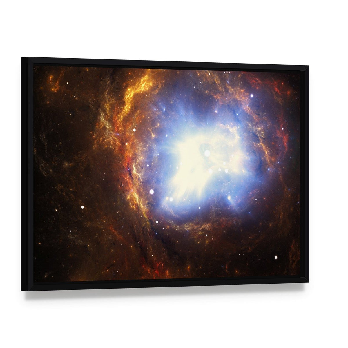 Colorful Nebula Canvas Wall Art, framed canvas in a black floater frame, angled product view