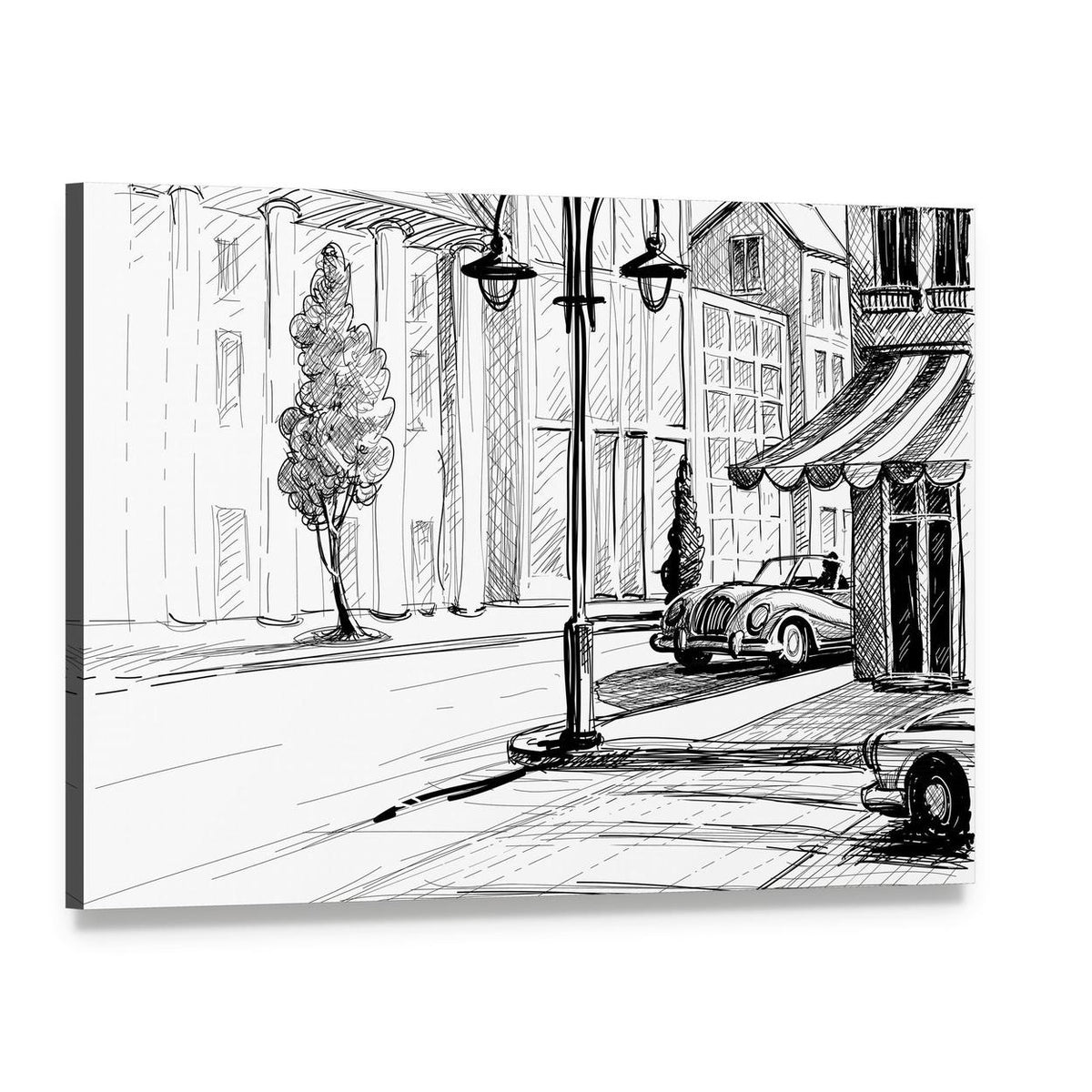 Retro City Street Sketch Canvas Wall Art, single panel gallery wrapped canvas, angled product view