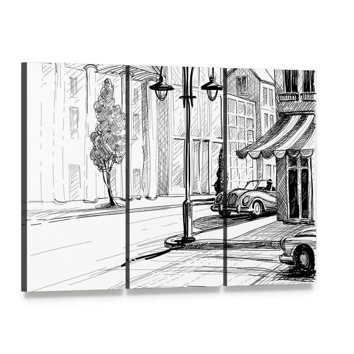 Retro City Street Sketch Canvas Wall Art, 3 panel 3 Horizontal layout gallery wrapped canvas set, angled product view